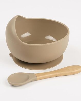Silicon Suction Bowl Wooden Handle Spoon |BPA-Free,Unbreakable,Non- Slip,Microwave & Dishwasher Safe Feeding Set for Babies& Toddlers (Brown)