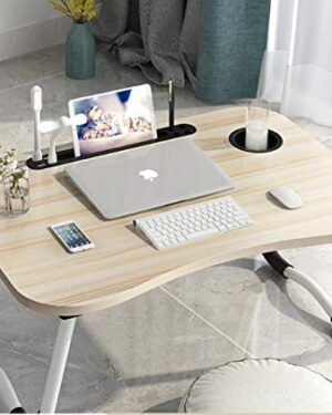 Wood Standard Multi-Purpose Laptop Table with Dock Stand/Study/Bed Table/Foldable & Portable/Ergonomic & Rounded Edges/Non-Slip Legs/Engineered Lapdesk with Cup Holder Black (Natural)