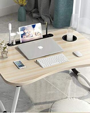 Wood Standard Multi-Purpose Laptop Table with Dock Stand/Study/Bed Table/Foldable & Portable/Ergonomic & Rounded Edges/Non-Slip Legs/Engineered Lapdesk with Cup Holder Black (Natural)