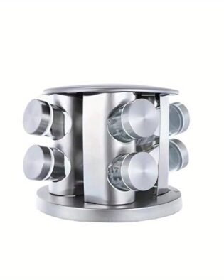 Revolving Spice Rack with 8 Jars | Stainless Steel Rotating Masala Tower | Spice Jar Organizer for Kitchen | Tabletop Namak Dani Rack | Storage Stand for Herbs & Seasoning (8 Jars)