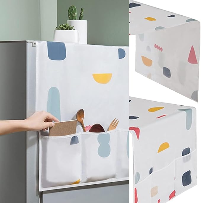 Fridge Cover for Top with 6 Utility Pockets Fridge Dust Cover Transparent Printing Waterproof Refrigerator Dust-Proof Cover with Storage Pockets Bags Multi-Purpose Top Covers