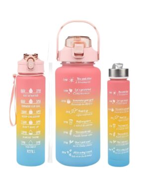Silicone Set Of-3, 2 Liter, 900Ml, 300Ml Bpa-Free Motivational Sipper Water Bottle Adult, Time Marker &Mobile Holder For Online Classes, Office