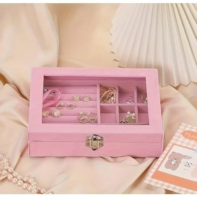 Velvet Glass Jewelry Ring Display Stand Storage Box Ring Earrings Jewelry Box Ring Holder Case (Pink)