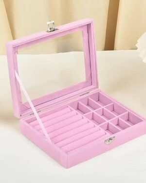 Velvet Glass Jewelry Ring Display Stand Storage Box Ring Earrings Jewelry Box Ring Holder Case (Pink)