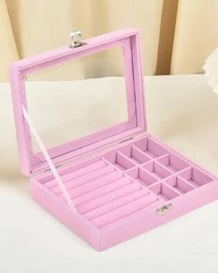 Velvet Glass Jewelry Ring Display Stand Storage Box Ring Earrings Jewelry Box Ring Holder Case (Pink)