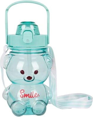 Plastic Teddy Bear Water Bottle for Kids, Push Botton Water Bottle with Straw, Sipper Water Bottle for Kids with Adjustable Strap and Stickers, 3+Years  1 L
