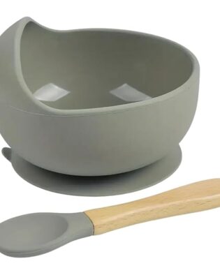 Silicon Suction Bowl Wooden Handle Spoon BPA-Free,Unbreakable,Non- Slip,Microwave & Dishwasher Safe Feeding Set for Babies& Toddlers (Grey)