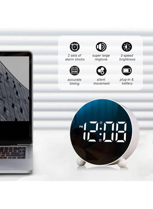 LED Alarm Clock, [Newest Version] Digital Round Clock with Voice and Touch Activated, Separate Alarm, Snooze, Week, 4 Adjustable Brightness, USB/Battery Powered, Desk Clocks (Blue)