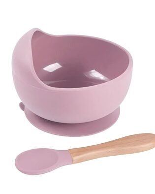 Silicon Suction Bowl Wooden Handle Spoon |BPA-Free,Unbreakable,Non- Slip,Microwave & Dishwasher Safe Feeding Set for Babies& Toddlers (Pink)