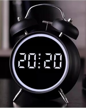 Digital led Table Alarm Mirror Twin Bell Clock LED Display Digital Clock with Night Light, USB Rechargeable/Battery Operated Loud Bell Metal Alarm Clock (Black)