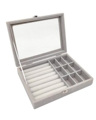 Velvet Glass Jewelry Ring Display Stand Storage Box Ring Earrings Jewelry Box Ring Holder Case (Grey)
