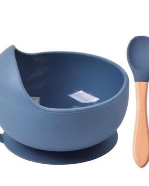 Silicon Suction Bowl Wooden Handle Spoon |BPA-Free,Unbreakable,Non- Slip,Microwave & Dishwasher Safe Feeding Set for Babies& Toddlers (Blue)