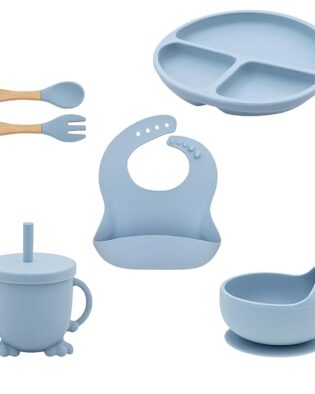 Baby Feeding Set, Complete 6-Piece Baby Led Weaning Set | Baby Feeding Product,Suction Plate, Bowl,Cup, Spoon, Fork and Bib for Baby,Silicon Spoon for Baby Feeding (Blue)