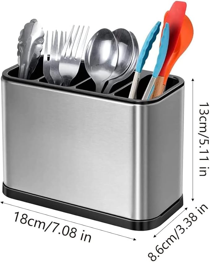 Stainless Steel Cutlery Bucket, Kitchen Cutlery Holder with 4 Compartments, Drainable and Detachable Utensil Organizer, Spoon Holder for Kitchen, Storage Rack