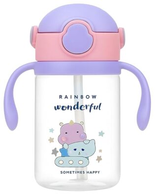 Sipper Water Bottle with Straw for Kids | Leak Proof Sippy Water Bottle with Adjustable Strap | BPA Free & Non-Toxic 600ml | Drinking Sipper for School Kids Boys Girls (Purple)