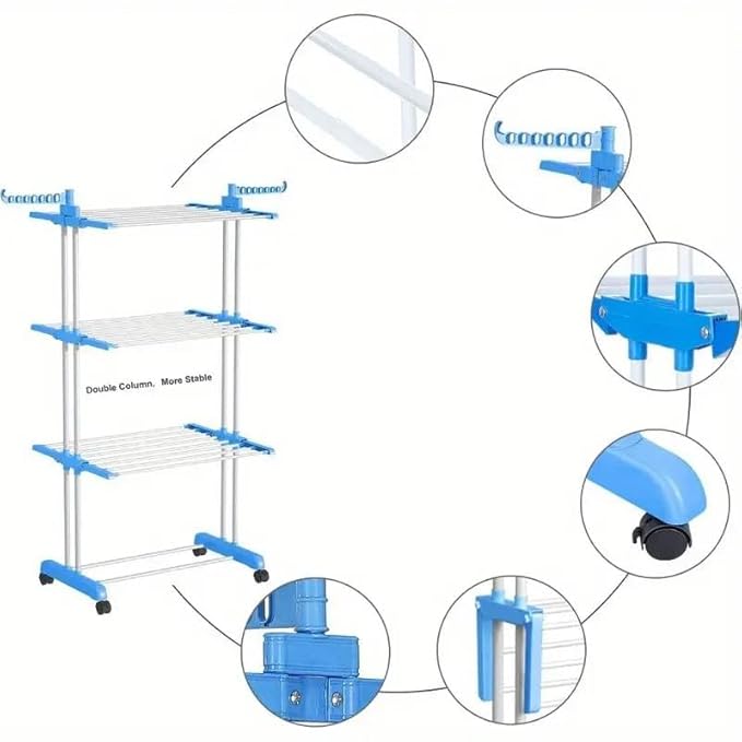 Foldable Cloth Drying Stand Stainless Steel – 3 Tier Heavy-Duty Clothes Dryer for Balcony, Indoor & Outdoor Use | with Wheels & Hanger Slots Easy to Assembel and Foldable Wings