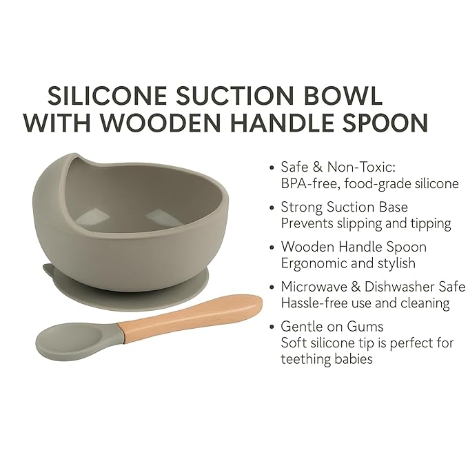 Silicon Suction Bowl Wooden Handle Spoon BPA-Free,Unbreakable,Non- Slip,Microwave & Dishwasher Safe Feeding Set for Babies& Toddlers (Grey)