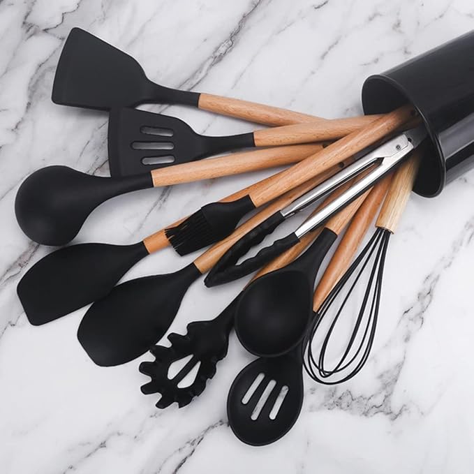 Silicone Kitchen Spatula and Utensils Spoon Set 12-Piece Silicone Kitchen Cooking Utensils Set, Non-Stick Utensils Set Heat Resistant Easy Clean, BPA Free Tools (Black)