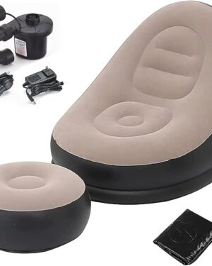 Rubberwood Inflatable Leisure Sofa Chair and Footstool Inflatable Lounger Set, 2-in-1 Lounge Bed Set, Portable Outdoor Recliner with Air Pump InflatabIe Chair-Footstool with Household Air,
