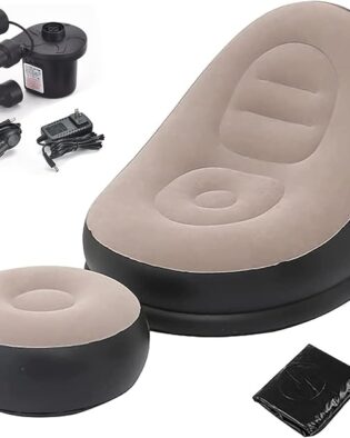 Rubberwood Inflatable Leisure Sofa Chair and Footstool Inflatable Lounger Set, 2-in-1 Lounge Bed Set, Portable Outdoor Recliner with Air Pump InflatabIe Chair-Footstool with Household Air,
