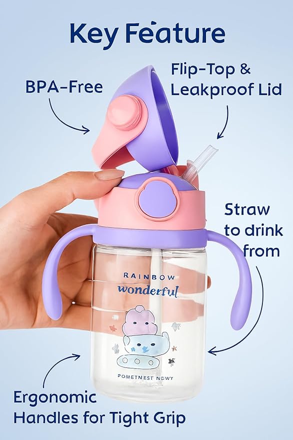 Sipper Water Bottle with Straw for Kids | Leak Proof Sippy Water Bottle with Adjustable Strap | BPA Free & Non-Toxic 600ml | Drinking Sipper for School Kids Boys Girls (Purple)