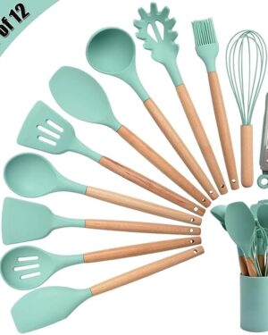 Silicone Kitchen Spatula and Utensils Spoon Set 12-Piece Silicone Kitchen Cooking Utensils Set, Non-Stick Utensils Set Heat Resistant Easy Clean, BPA Free Tools (Green)