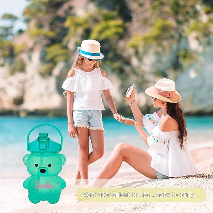 Plastic Teddy Bear Water Bottle for Kids, Push Botton Water Bottle with Straw, Sipper Water Bottle for Kids with Adjustable Strap and Stickers, 3+Years  1 L