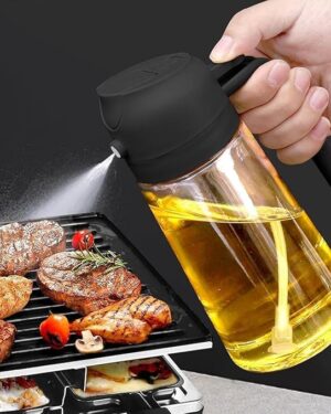 Glass Oil Sprayer and Dispenser Bottle 500ml Capacity 2-in-1 Design for Kitchen Oil Sprayer for Air Fryer, Oil and Vinegar Pourer Glass Oil Bottle with Premium Nozzle Salad,BBQ,Roasting