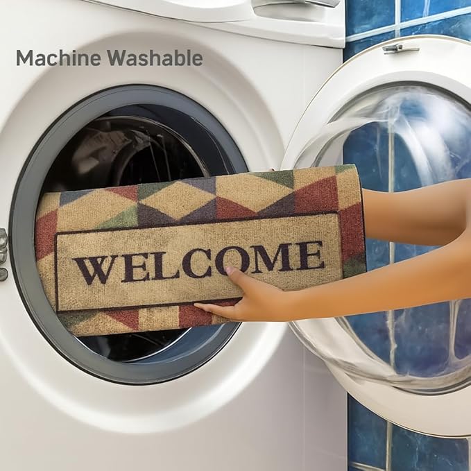 Welcome Doormat for Home Entrance | Non-Slip Rectangular Front Door Mat with Stone & Floral Design | Stylish Indoor Outdoor Dustproof Rug for Entryway, Porch & Living Room Decor