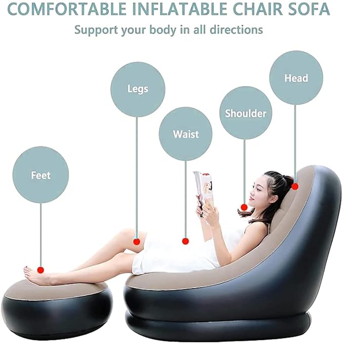 Rubberwood Inflatable Leisure Sofa Chair and Footstool Inflatable Lounger Set, 2-in-1 Lounge Bed Set, Portable Outdoor Recliner with Air Pump InflatabIe Chair-Footstool with Household Air,