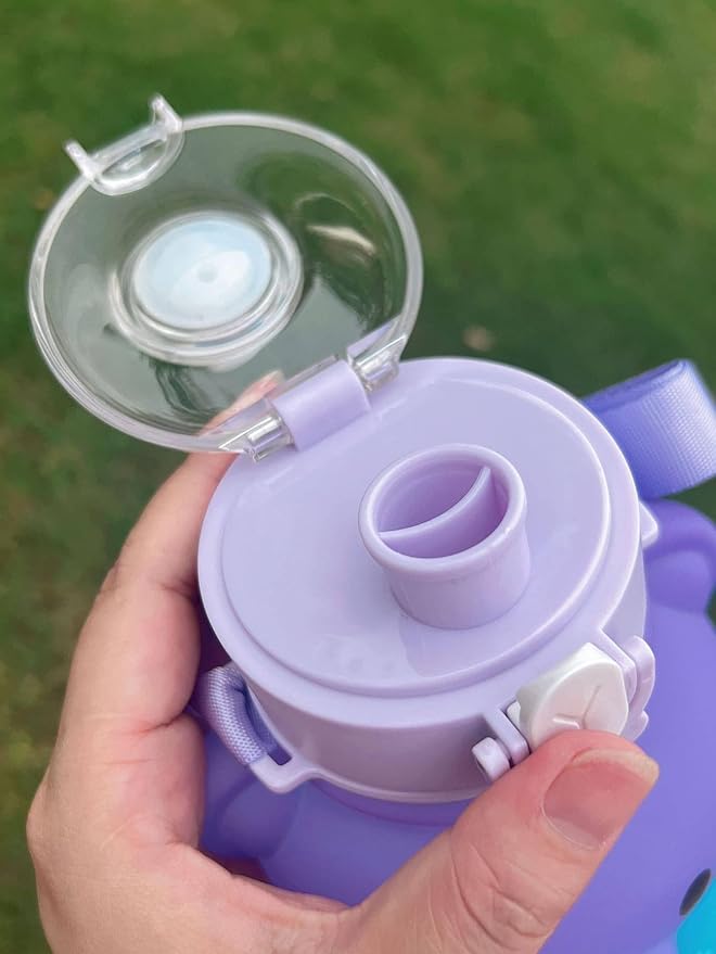 Plastic Teddy Bear Water Bottle for Kids, Push Button Open Water Bottle with Straw, Sipper Bottle for Kids with Adjustable Strap and Stickers, 800ml, Pink, 3+Years