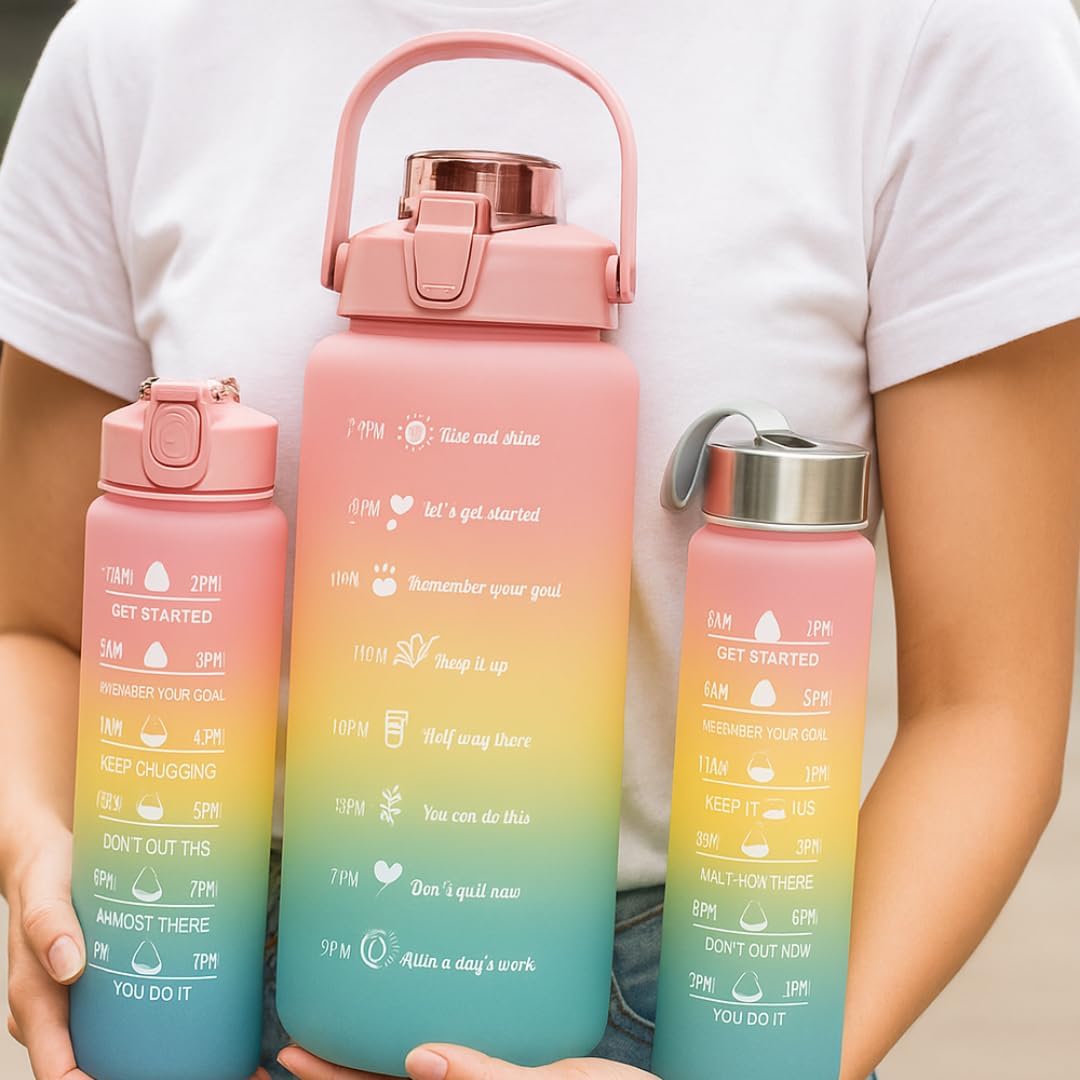 Silicone Set Of-3, 2 Liter, 900Ml, 300Ml Bpa-Free Motivational Sipper Water Bottle Adult, Time Marker &Mobile Holder For Online Classes, Office