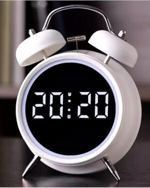 Digital led Table Alarm Mirror Twin Bell Clock LED Display Digital Clock with Night Light, USB Rechargeable/Battery Operated Loud Bell Metal Alarm Clock (White)