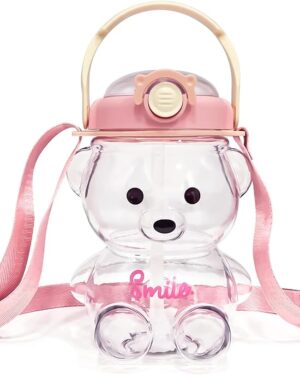 Plastic Teddy Bear Water Bottle for Kids, Push Botton Bottle with Straw, Sipper Water Bottle for Kids with Adjustable Strap and Stickers, 3+Years (Pack of 1, Multicolour), 1 L