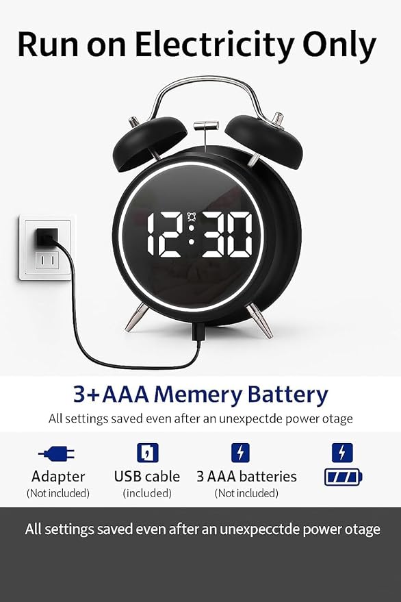 Digital led Table Alarm Mirror Twin Bell Clock LED Display Digital Clock with Night Light, USB Rechargeable/Battery Operated Loud Bell Metal Alarm Clock (Black)