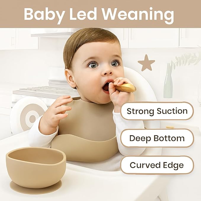 Silicon Suction Bowl Wooden Handle Spoon |BPA-Free,Unbreakable,Non- Slip,Microwave & Dishwasher Safe Feeding Set for Babies& Toddlers (Brown)
