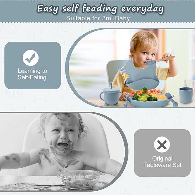 Baby Feeding Set, Complete 6-Piece Baby Led Weaning Set | Baby Feeding Product,Suction Plate, Bowl,Cup, Spoon, Fork and Bib for Baby,Silicon Spoon for Baby Feeding (Blue)