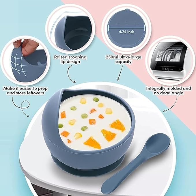 Silicon Suction Bowl Wooden Handle Spoon |BPA-Free,Unbreakable,Non- Slip,Microwave & Dishwasher Safe Feeding Set for Babies& Toddlers (Blue)