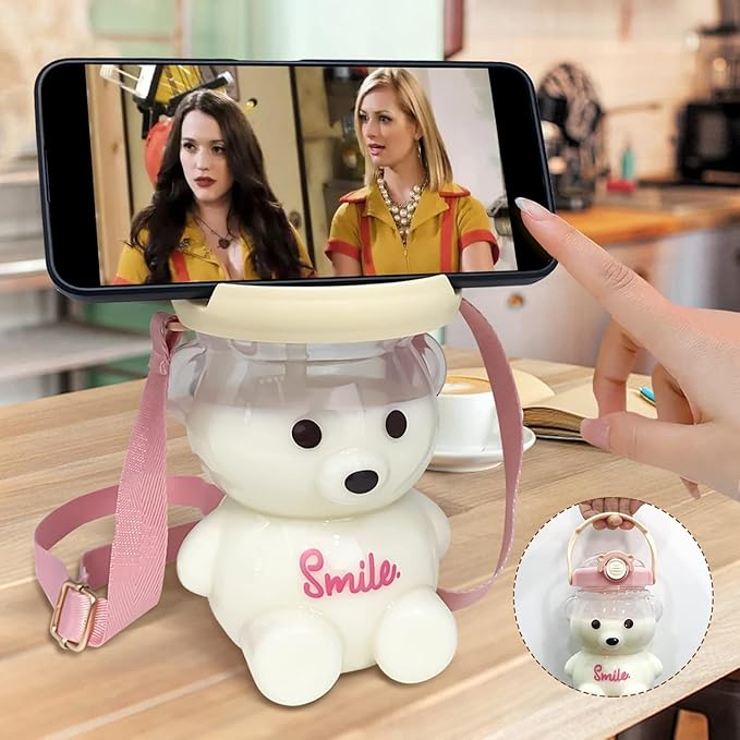 Plastic Teddy Bear Water Bottle for Kids, Push Botton Bottle with Straw, Sipper Water Bottle for Kids with Adjustable Strap and Stickers, 3+Years (Pack of 1, Multicolour), 1 L