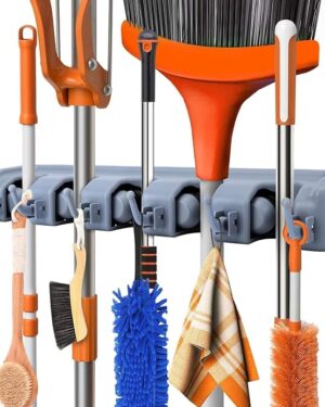 Polypropylene Broom Holder Wall Mounted,Mop Holder For Wall,Broom Stick Holder Wall Mounted Stand,Storage Broomstick Brush Mount Organizer With Hanger Hooks(5 Slot 6 Hooks)- Grey