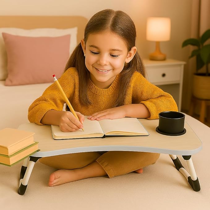 Wood Standard Multi-Purpose Laptop Table with Dock Stand/Study/Bed Table/Foldable & Portable/Ergonomic & Rounded Edges/Non-Slip Legs/Engineered Lapdesk with Cup Holder Black (Natural)