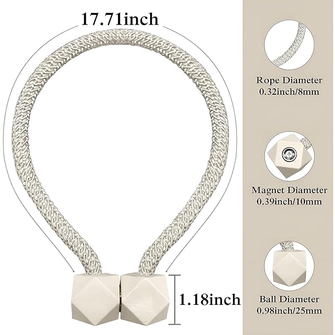Magnetic Curtain Tiebacks, Binding Weaving Curtain Holder Clips Rope Holder Buckles Curtain tie Backs for Home Bedroom Office Decoration, (Light Cream)