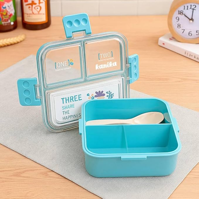 Lunch Box for Adults - Lunch Box for Kids - with Spoon & Fork - Lunch Box with 3 Compartment - Durable Perfect Size for On-The-Go Meal, BPA-Free(3 Compartment) (Blue)