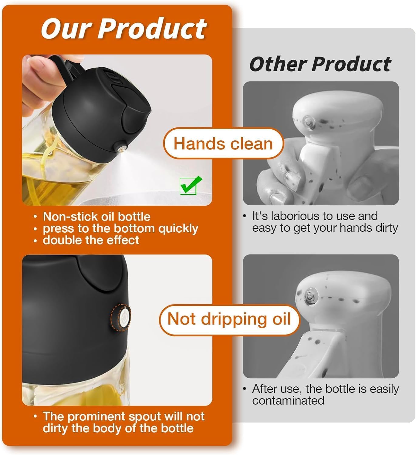 Glass Oil Sprayer and Dispenser Bottle 500ml Capacity 2-in-1 Design for Kitchen Oil Sprayer for Air Fryer, Oil and Vinegar Pourer Glass Oil Bottle with Premium Nozzle Salad,BBQ,Roasting