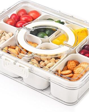 Divided Fridge Storage Boxes With 8 Serving Veggie Tray with Lid and Handle, Fridge Organizer with Removable 8 Compartment, Fridge Storage Containers (8 Compartment)