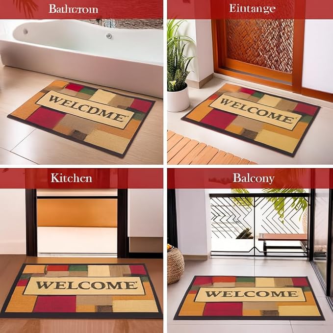 Welcome Doormat for Home Entrance | Non-Slip Rectangular Front Door Mat with Stone & Floral Design | Stylish Indoor Outdoor Dustproof Rug for Entryway, Porch & Living Room Decor