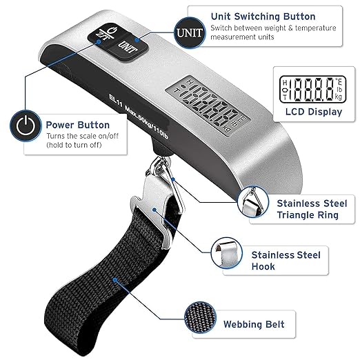 Digital Luggage Weighing Scale, Weight Machine for Luggage,Gift for Traveler Suitcase Handheld Weight Scale (Silver)
