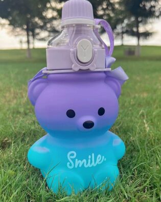 Plastic Teddy Bear Water Bottle for Kids, Push Button Open Water Bottle with Straw, Sipper Bottle for Kids with Adjustable Strap and Stickers, 800ml, Pink, 3+Years