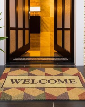 Welcome Doormat for Home Entrance | Non-Slip Rectangular Front Door Mat with Stone & Floral Design | Stylish Indoor Outdoor Dustproof Rug for Entryway, Porch & Living Room Decor