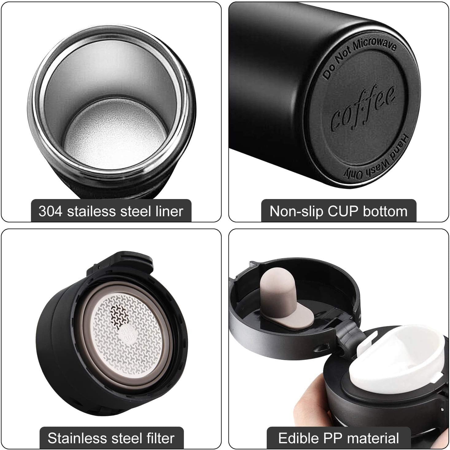 Coffee Travel Mug, Insulated Coffee Cup with Leakproof Lid, Vacuum Insulation Stainless Steel Reusable for Hot Cold Coffee, Water, and Tea, Thermal Mug with Non-Slip Protective Cover, 500ML (Black)